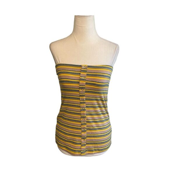 Olivaceous Strapless Top Yellow Tan Black Blue Striped Stretch Knit S - Picture 1 of 11